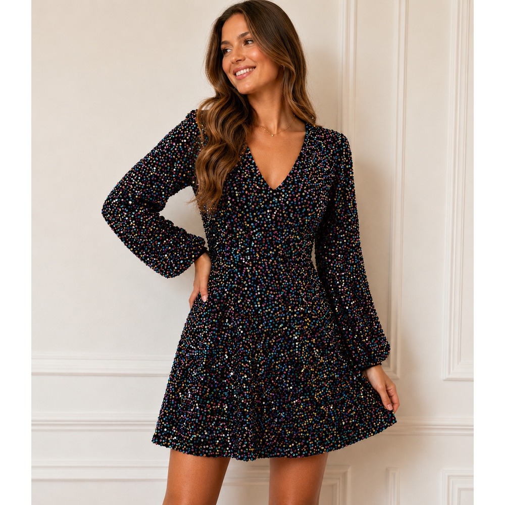 NWT Glam Rainbow Sequin Velvet Mini Dress Party NYE Cocktail Sparkle Bling Sz M